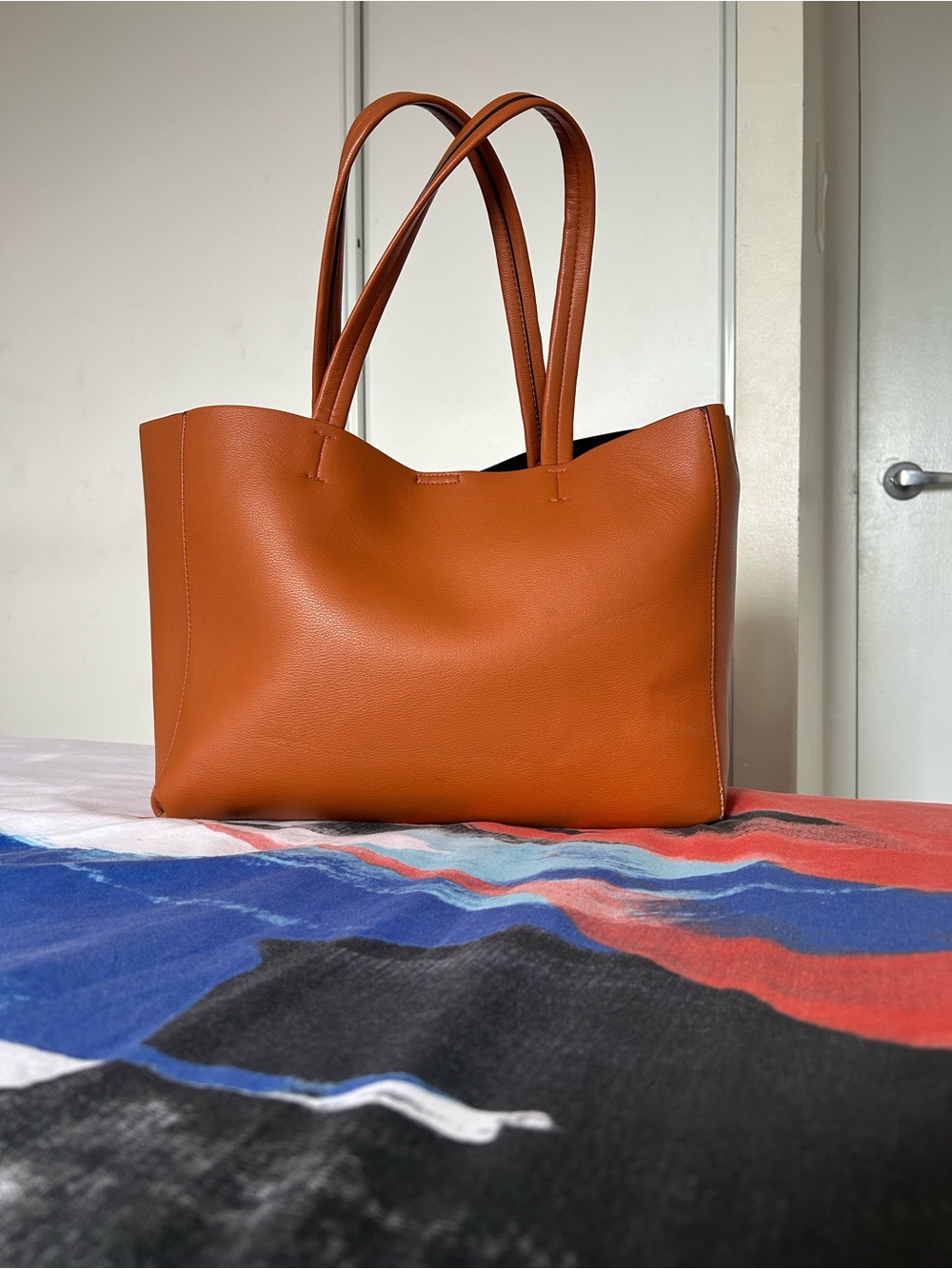 Classic Cognac Soft Veagan Leather Tote with Double Straps. New!